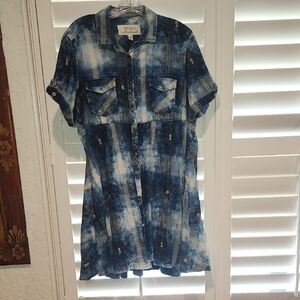 Ryan Michael-  Blue Plaid Button Front Shirt Dress, Size LG